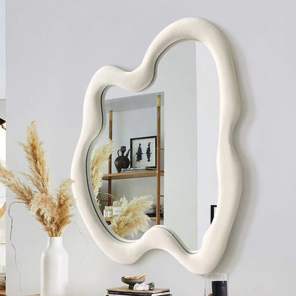ADOUER WOOD 36" Wavy Mirror With Flannel Wrapped Wooden Frame, Modern Decorative Mirror for Living Room, Entryway, Bedroom, Dining Room, Living Room