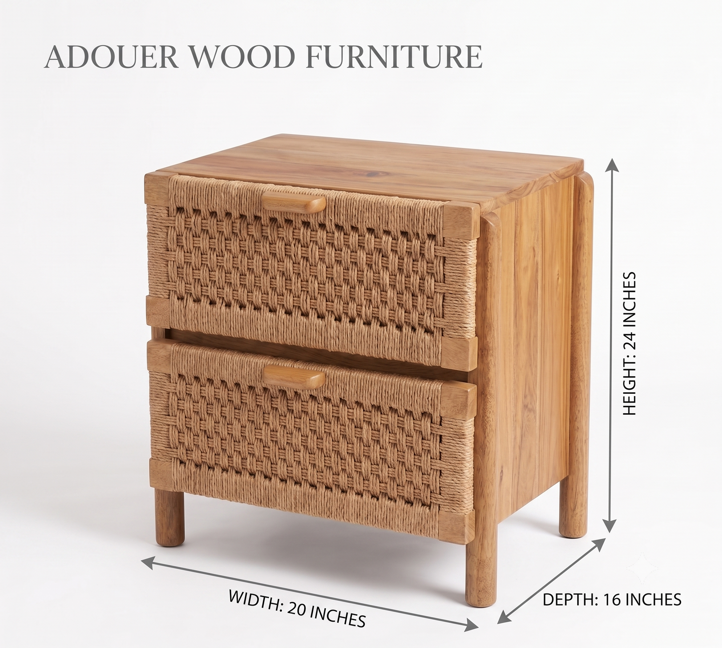 ADOUER WOOD Handcrafted Boho Natural Bedside Table - 2-Drawer Nightstand with Woven Paper Rope Fronts