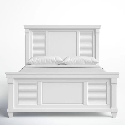 Adouer Wood "Solid Sheesham Wood Panel Bed with Louvered Design – White Finish"