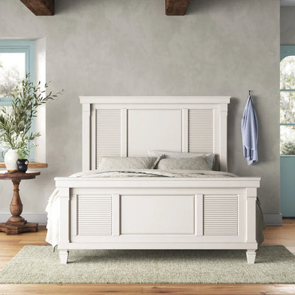 Adouer Wood "Solid Sheesham Wood Panel Bed with Louvered Design – White Finish"