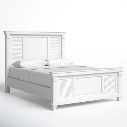 Adouer Wood "Solid Sheesham Wood Panel Bed with Louvered Design – White Finish"