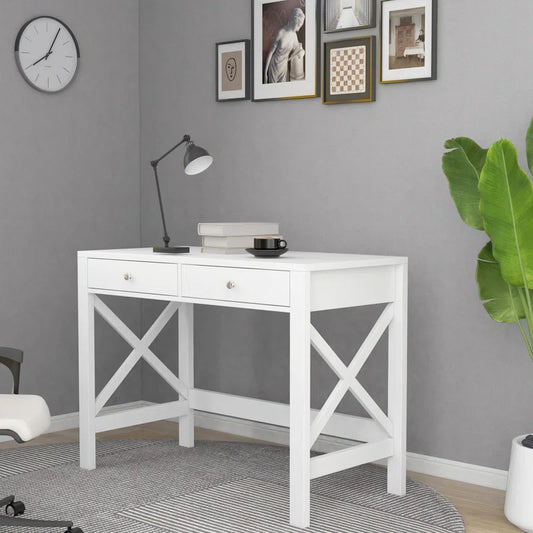 Adouer Wood Solid Wood White Two Drawer Cross Leg Wooden Study Table