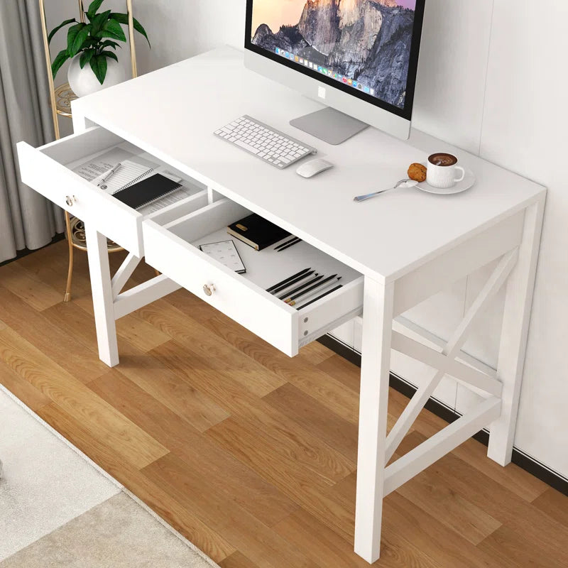 Adouer Wood Solid Wood White Two Drawer Cross Leg Wooden Study Table