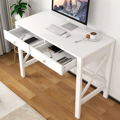Adouer Wood Solid Wood White Two Drawer Cross Leg Wooden Study Table