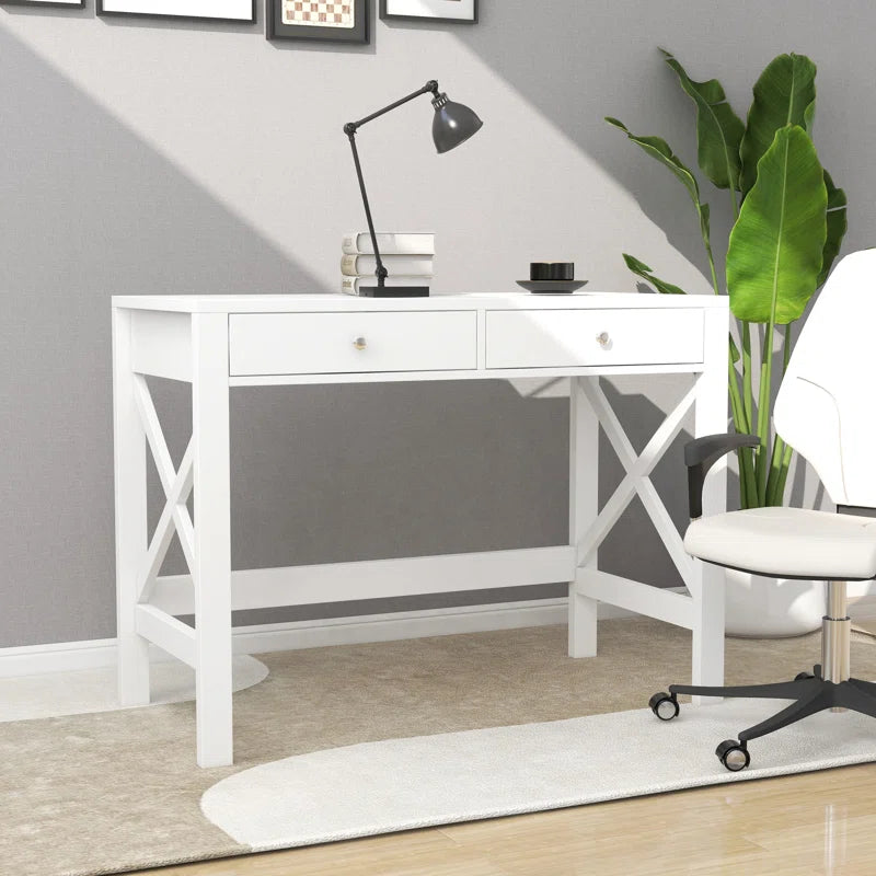Adouer Wood Solid Wood White Two Drawer Cross Leg Wooden Study Table