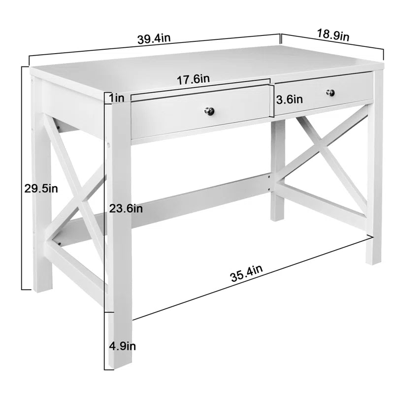 Adouer Wood Solid Wood White Two Drawer Cross Leg Wooden Study Table