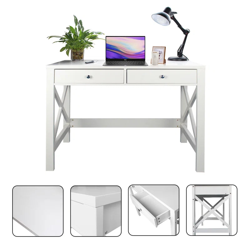 Adouer Wood Solid Wood White Two Drawer Cross Leg Wooden Study Table
