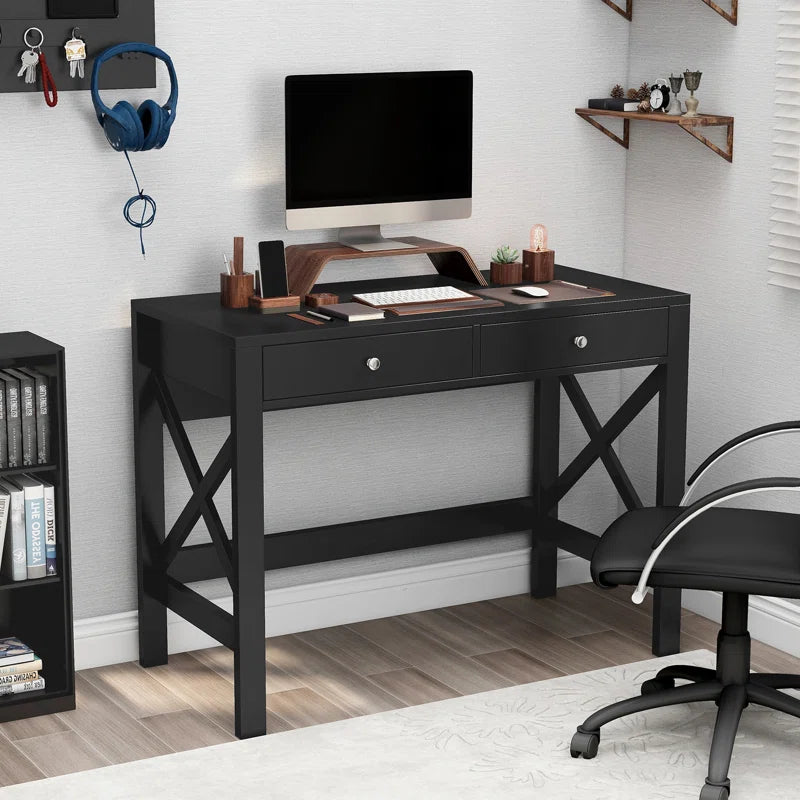 Adouer Wood Solid Wood White Two Drawer Cross Leg Wooden Study Table