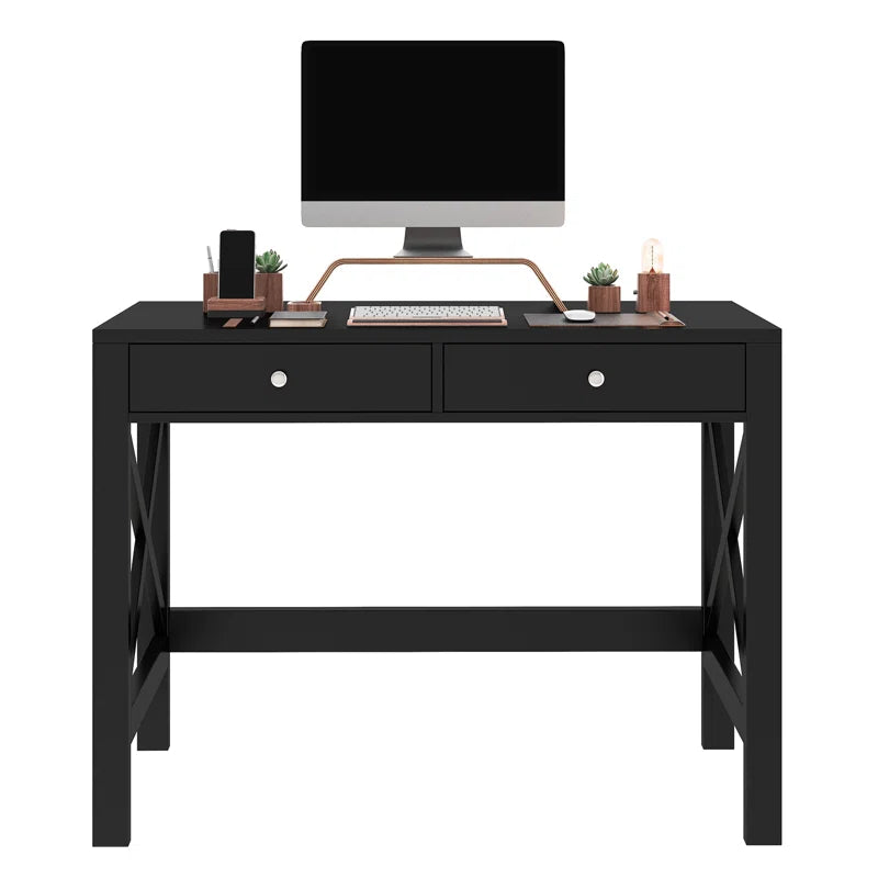 Adouer Wood Solid Wood White Two Drawer Cross Leg Wooden Study Table