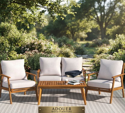 ADOUER WOOD 4-Piece Outdoor Patio Furniture Set – Solid Acacia Wood Seating Group with Plush Cushions