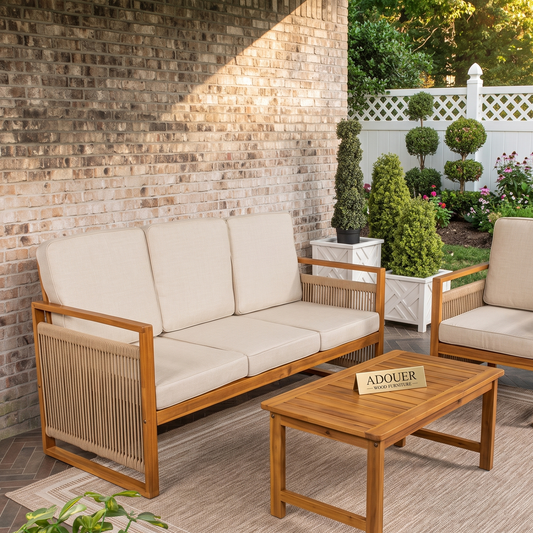 Outdoor patio set with wooden frame and beige cushions against a brick wall.