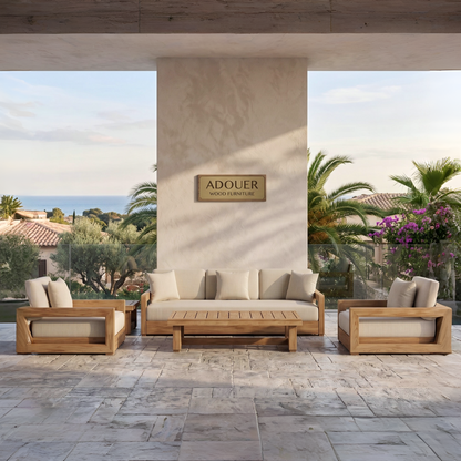 Outdoor furniture set with 'ADOUER' branding against a scenic background.