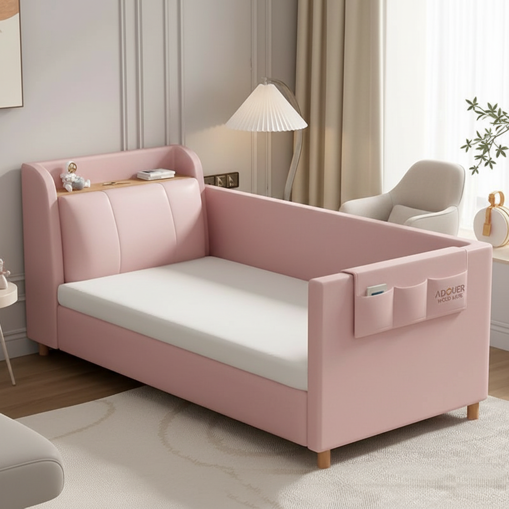 ADOUER WOOD KIDS Upholstered Baby Cot – Modern Padded Toddler Bed with Built-in Headboard Bookshelf and Side Storage Pockets