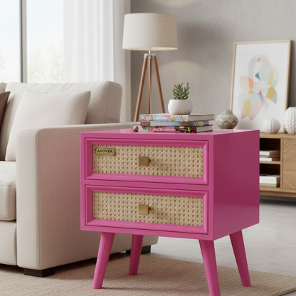 Adouer Wood "Ratan Cane" Solid Wood Bedside Table, Hand-Woven Rattan With 2 Drawers Elegant & Descriptive