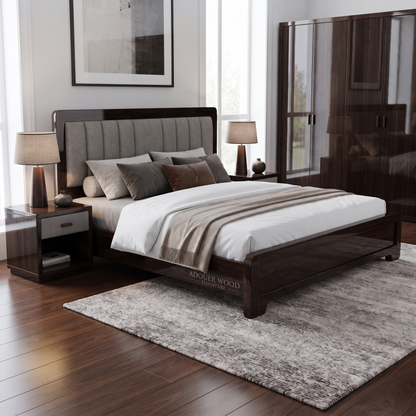ADOUER WOOD Modern Wooden Bed Frame with Gray Fabric Tufted Headboard & Wood Slats