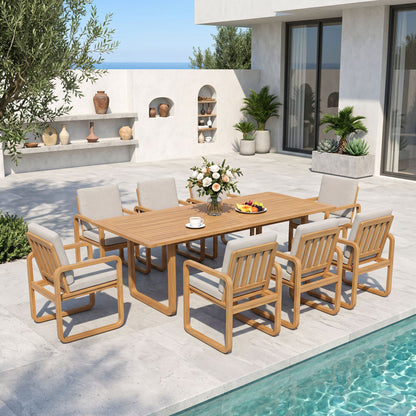ADOUER WOOD Modern 9-Piece Wooden Outdoor Dining Set, 8-Person Rectangular Patio Table with Cushioned Armchairs