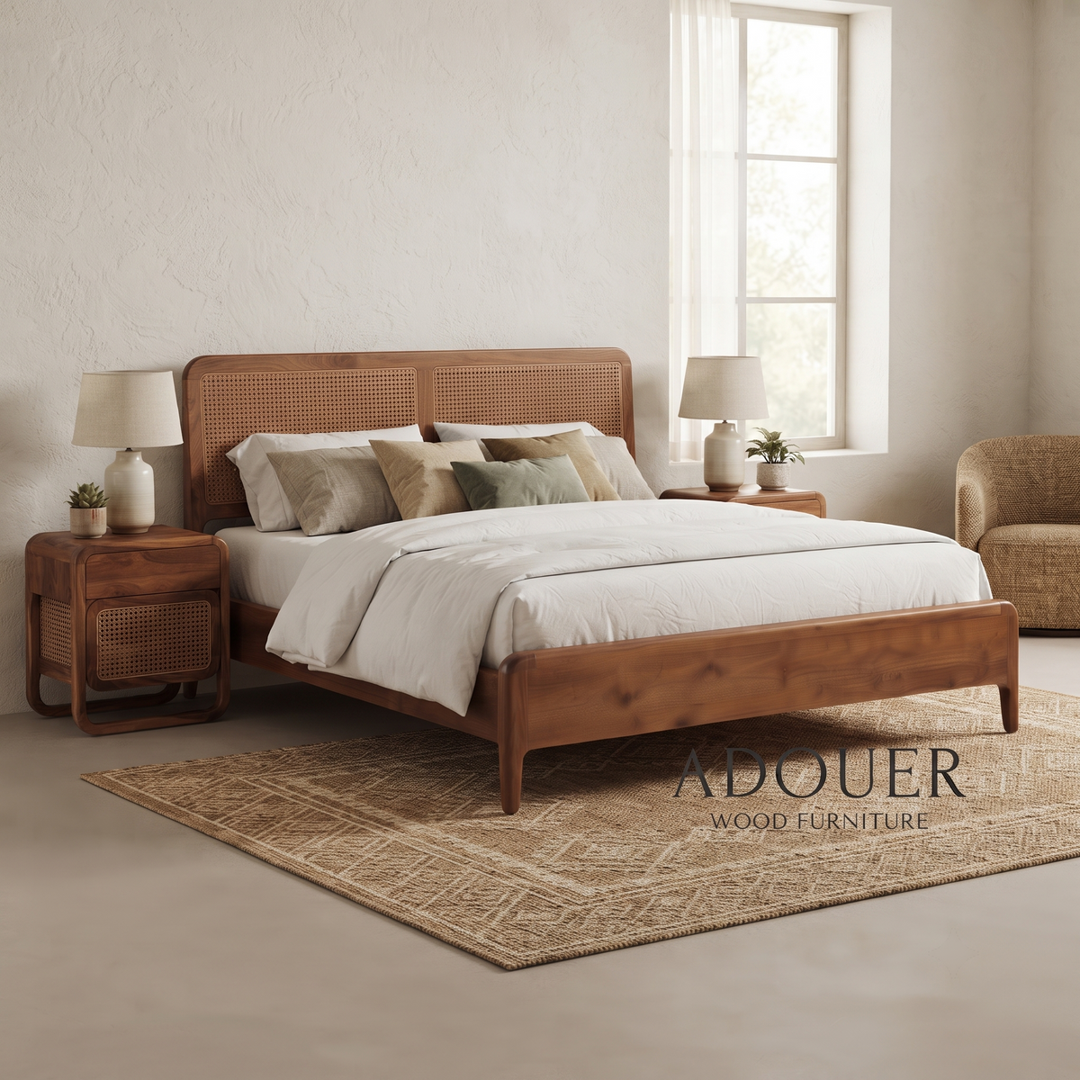 ADOUER WOOD Aurelia Solid Wood Platform Bed with Cane Headboard