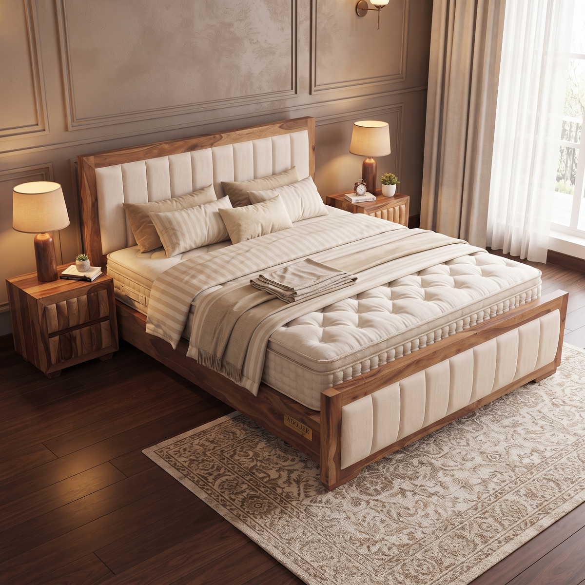 ADOUER WOOD Premium Wooden Platform Bed with Beige Channel Tufted Headboard