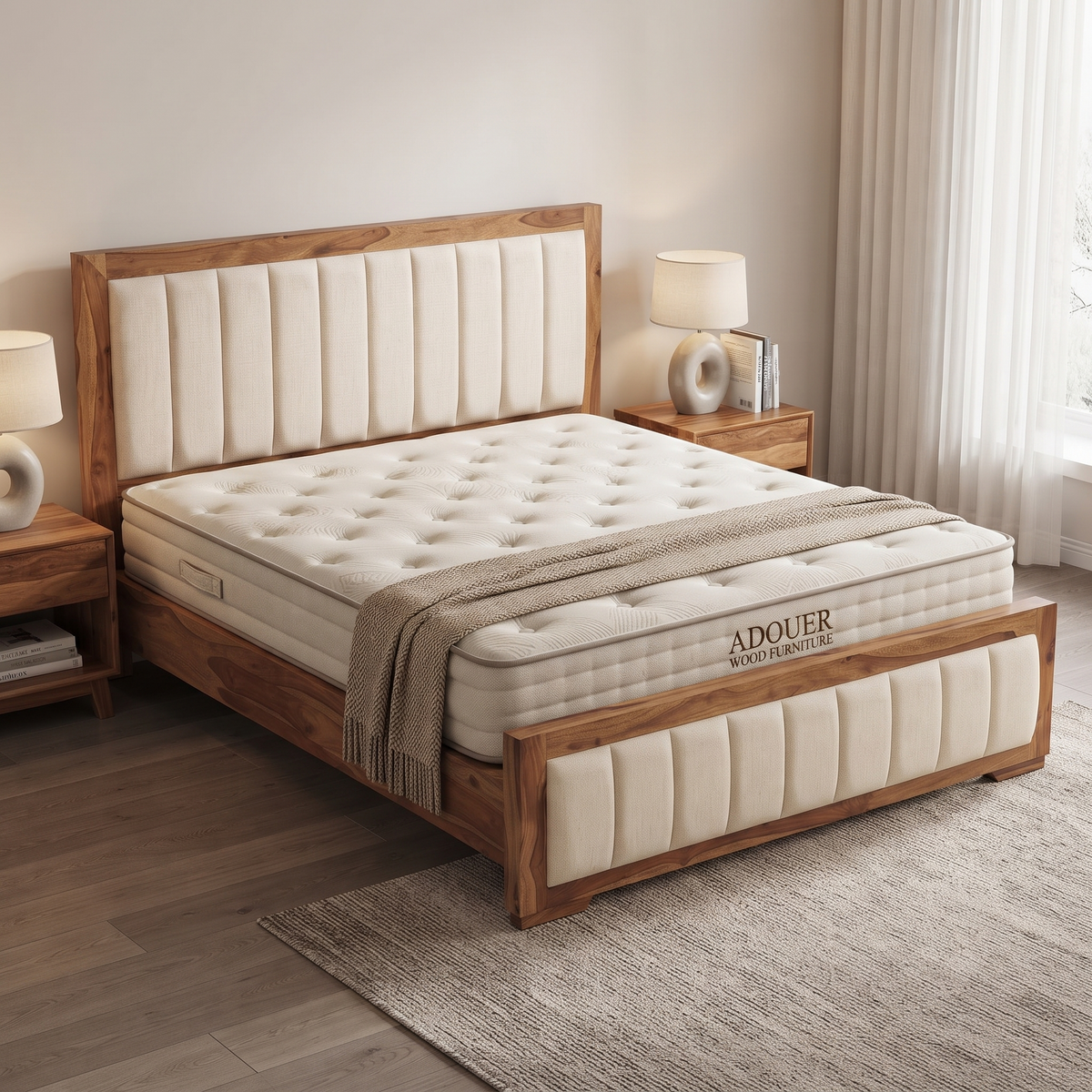 ADOUER WOOD Premium Wooden Platform Bed with Beige Channel Tufted Headboard