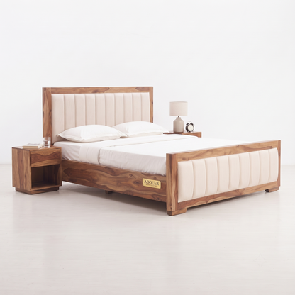 ADOUER WOOD Premium Wooden Platform Bed with Beige Channel Tufted Headboard