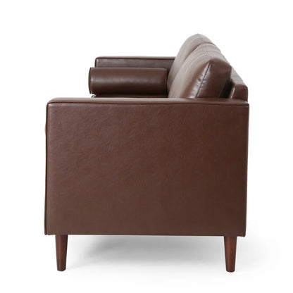 ADOUER WOOD Classic Design With Tufted Backrest Solid Wood Frame Brown Leatherette Fabric Sofa With Bolsters