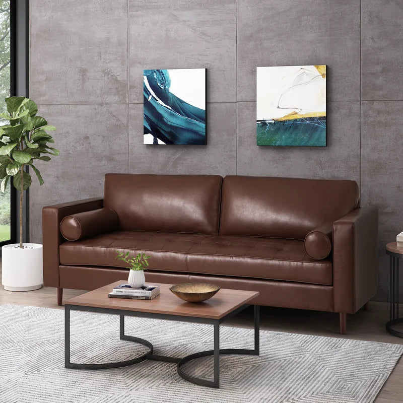 ADOUER WOOD Classic Design With Tufted Backrest Solid Wood Frame Brown Leatherette Fabric Sofa With Bolsters