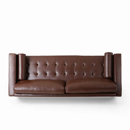 ADOUER WOOD Classic Design With Tufted Backrest Solid Wood Frame Brown Leatherette Fabric Sofa With Bolsters