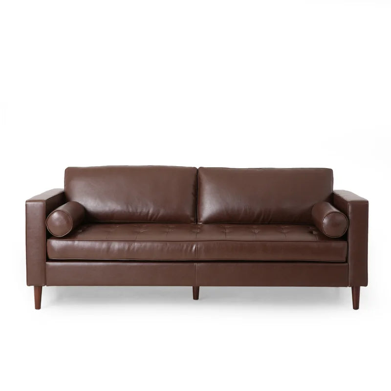 ADOUER WOOD Classic Design With Tufted Backrest Solid Wood Frame Brown Leatherette Fabric Sofa With Bolsters