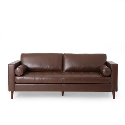 ADOUER WOOD Classic Design With Tufted Backrest Solid Wood Frame Brown Leatherette Fabric Sofa With Bolsters