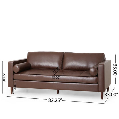 ADOUER WOOD Classic Design With Tufted Backrest Solid Wood Frame Brown Leatherette Fabric Sofa With Bolsters
