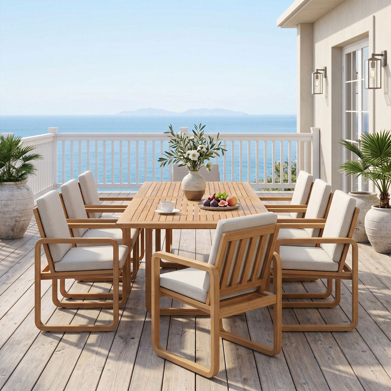 ADOUER WOOD Modern 9-Piece Wooden Outdoor Dining Set, 8-Person Rectangular Patio Table with Cushioned Armchairs
