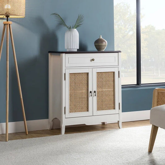 ADOUER WOOD Solid Acacia Wood Traditional Design 2 Door Rattan Accent Cabinet