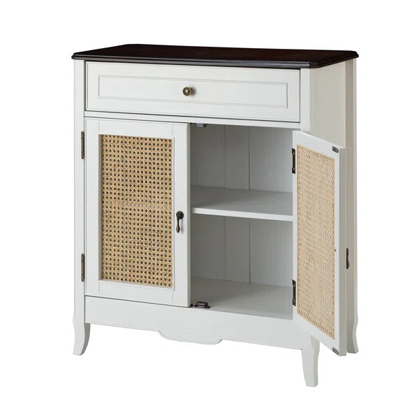 ADOUER WOOD Solid Acacia Wood Traditional Design 2 Door Rattan Accent Cabinet