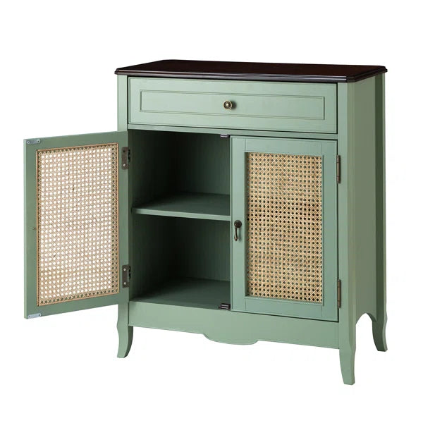 ADOUER WOOD Solid Acacia Wood Traditional Design 2 Door Rattan Accent Cabinet