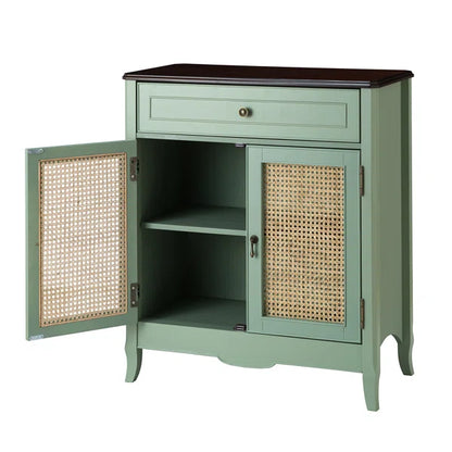 ADOUER WOOD Solid Acacia Wood Traditional Design 2 Door Rattan Accent Cabinet