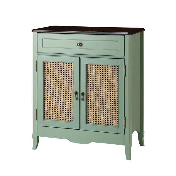 ADOUER WOOD Solid Acacia Wood Traditional Design 2 Door Rattan Accent Cabinet