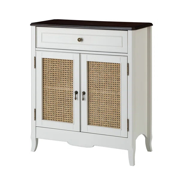ADOUER WOOD Solid Acacia Wood Traditional Design 2 Door Rattan Accent Cabinet