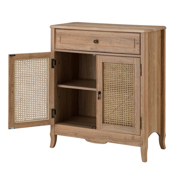 ADOUER WOOD Solid Acacia Wood Traditional Design 2 Door Rattan Accent Cabinet