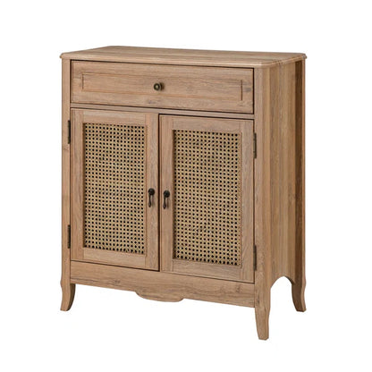 ADOUER WOOD Solid Acacia Wood Traditional Design 2 Door Rattan Accent Cabinet