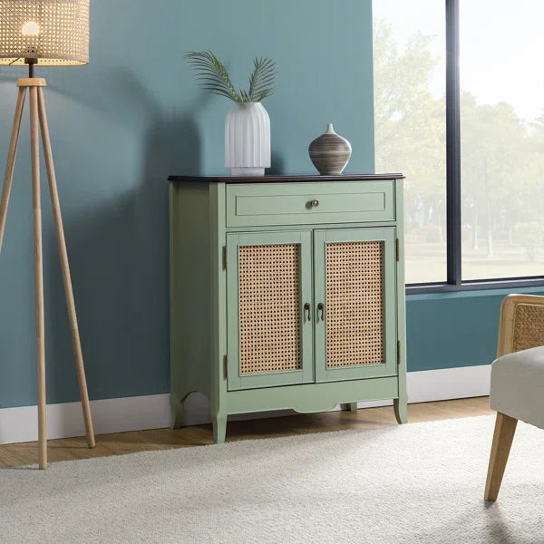 ADOUER WOOD Solid Acacia Wood Traditional Design 2 Door Rattan Accent Cabinet