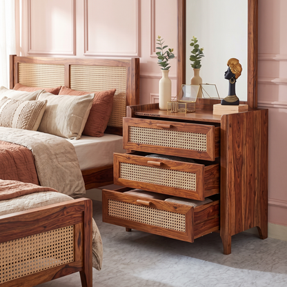 ADOUER WOOD Sheesham Wood Woven Rattan 3-Drawer Chest | Solid Wood Storage Dresser