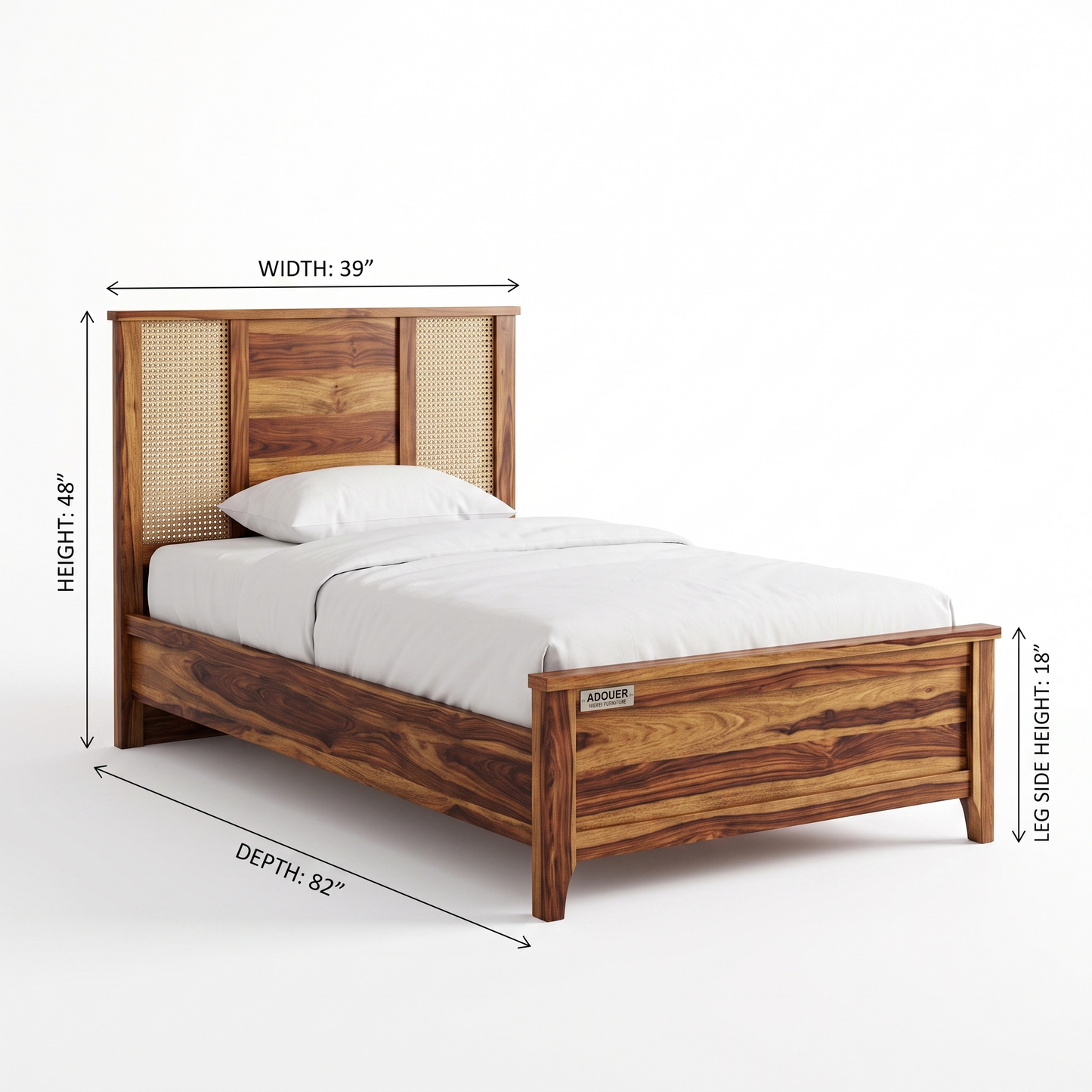 ADOUER WOOD Sheesham Wood Single Bed Frame with Woven Rattan Cane Headboard