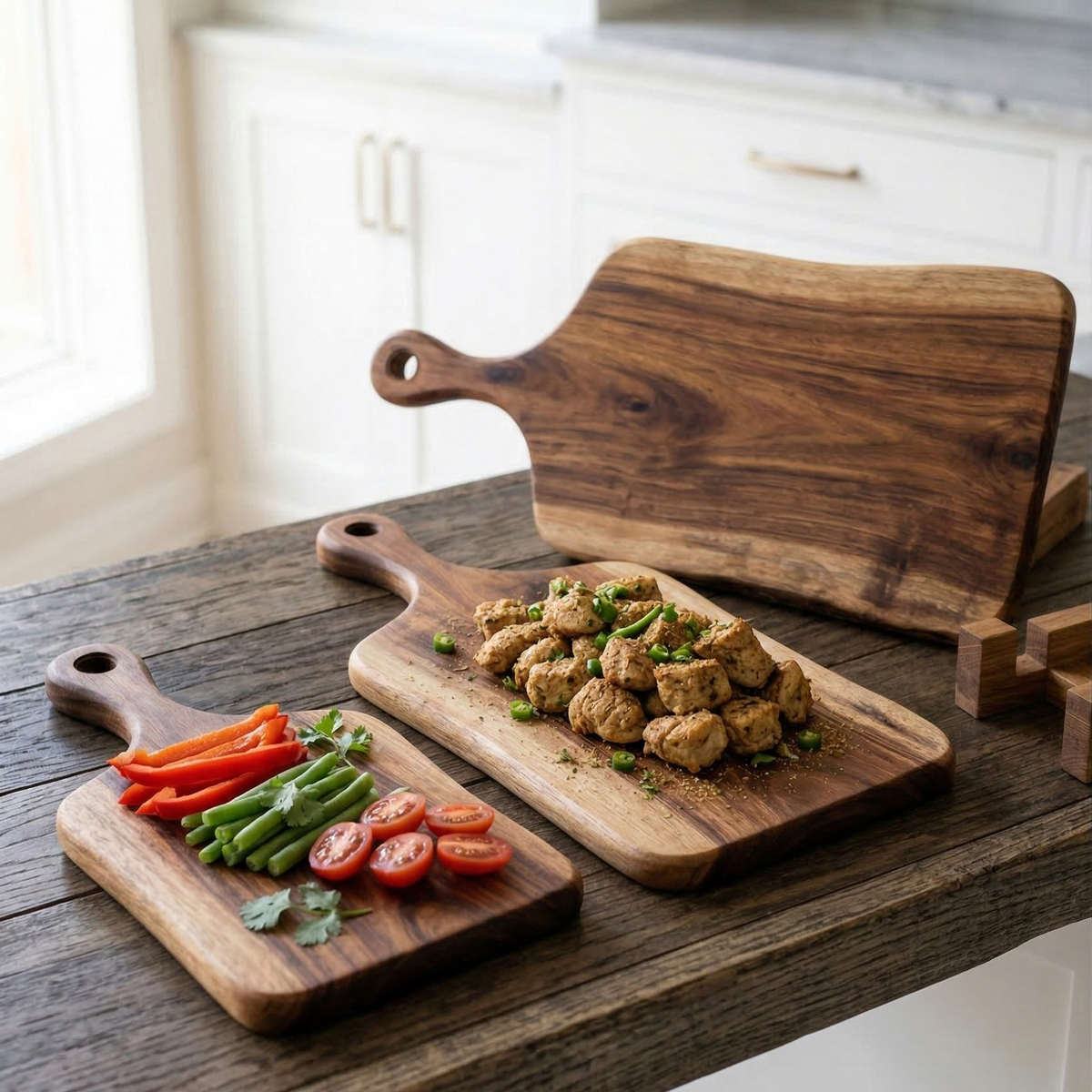 Wooden cutting boards with vegetables and food on a wooden table