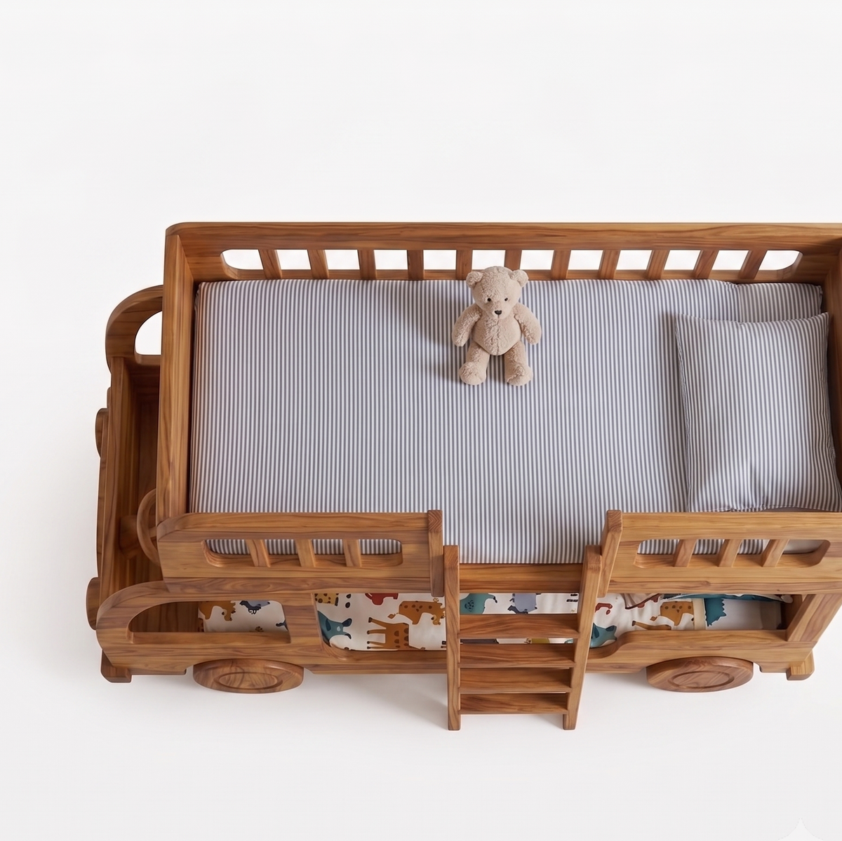 Wooden crib with striped mattress and teddy bear on a white background