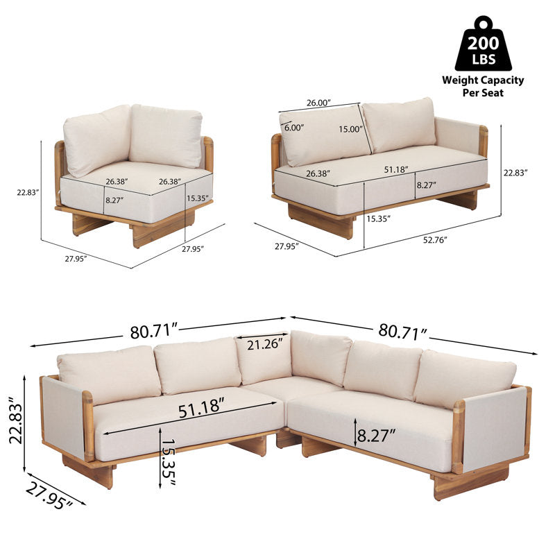 Acacia Wood Contemporary Wooden Frame L-Sectional Sofa with Plush Neutral Upholstery