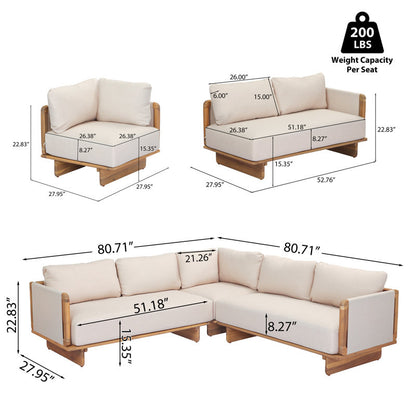 Acacia Wood Contemporary Wooden Frame L-Sectional Sofa with Plush Neutral Upholstery