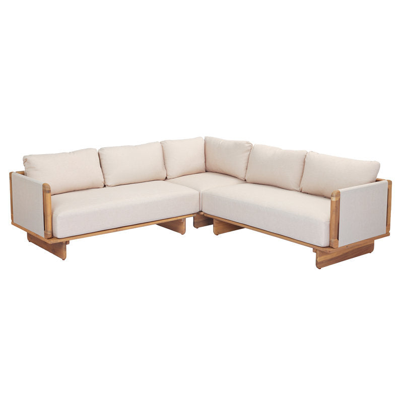 Acacia Wood Contemporary Wooden Frame L-Sectional Sofa with Plush Neutral Upholstery