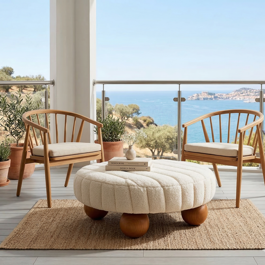 Two wooden chairs with beige cushions and a round cream ottoman on a balcony with ocean view.
