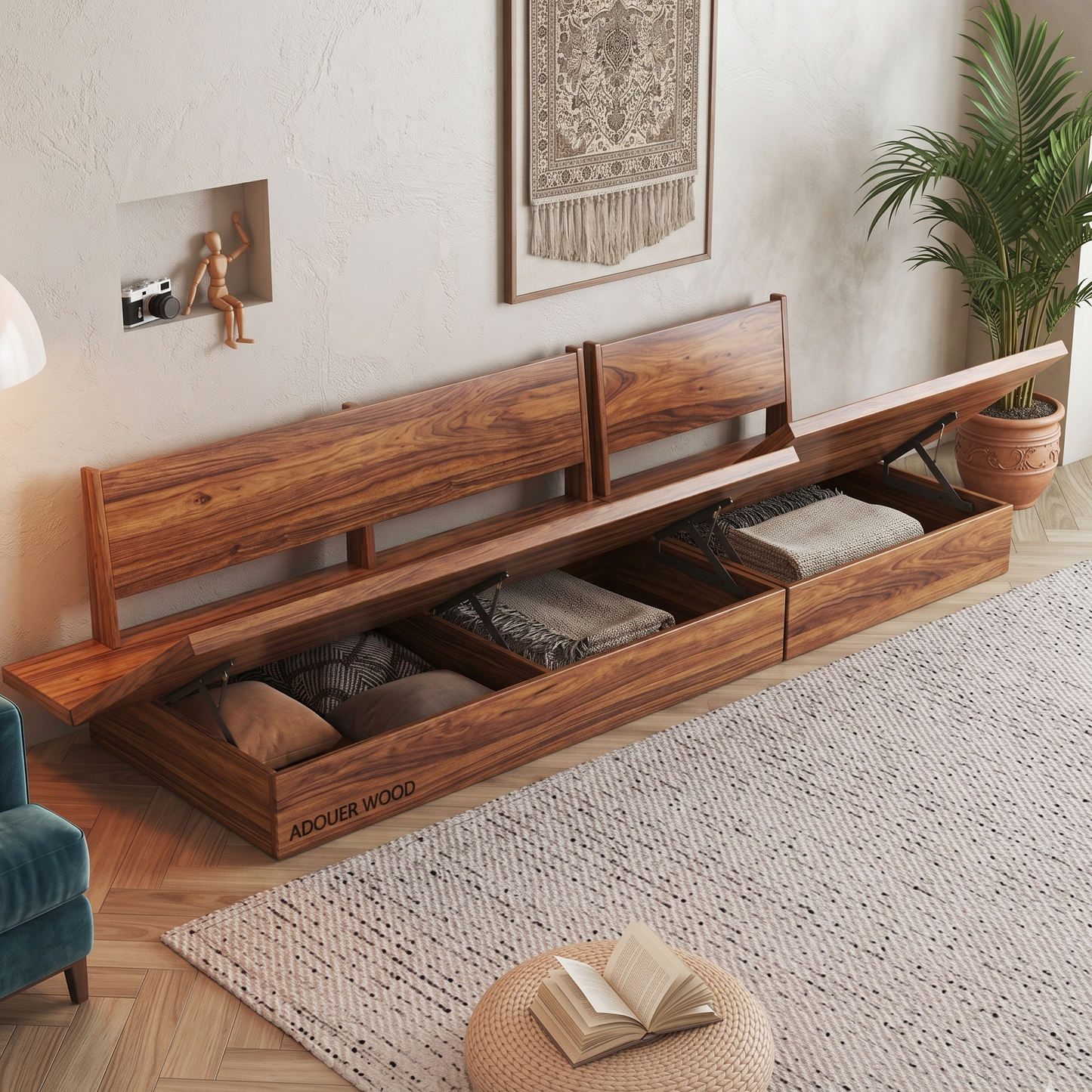 Japanese Style Platform Sofa with Soild Wood Base and Cotton Fabric