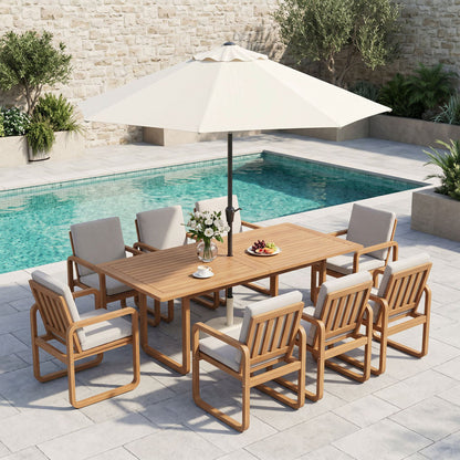 ADOUER WOOD Modern 9-Piece Wooden Outdoor Dining Set, 8-Person Rectangular Patio Table with Cushioned Armchairs
